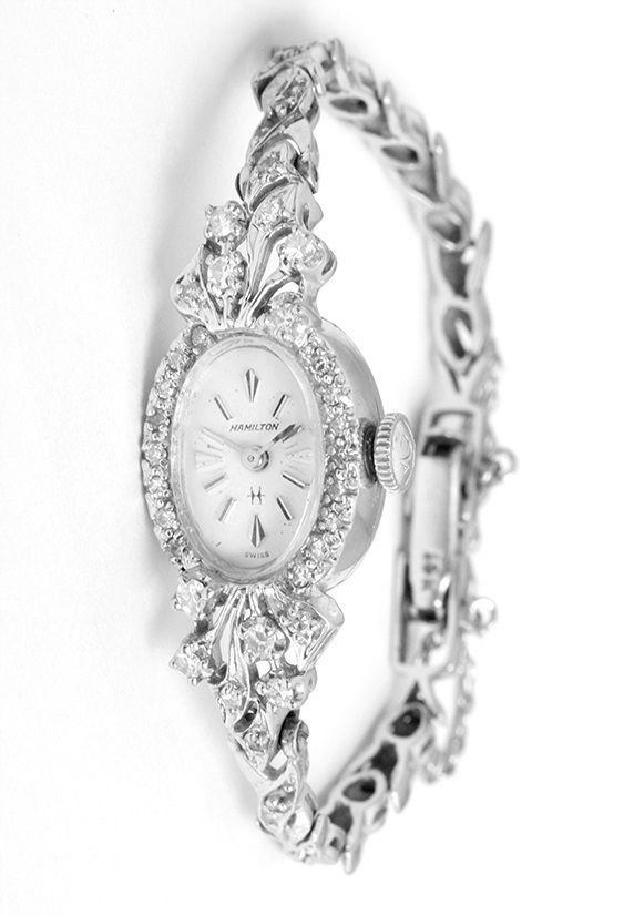Hamilton Vintage 14k White Gold & Diamond Ladies Watch