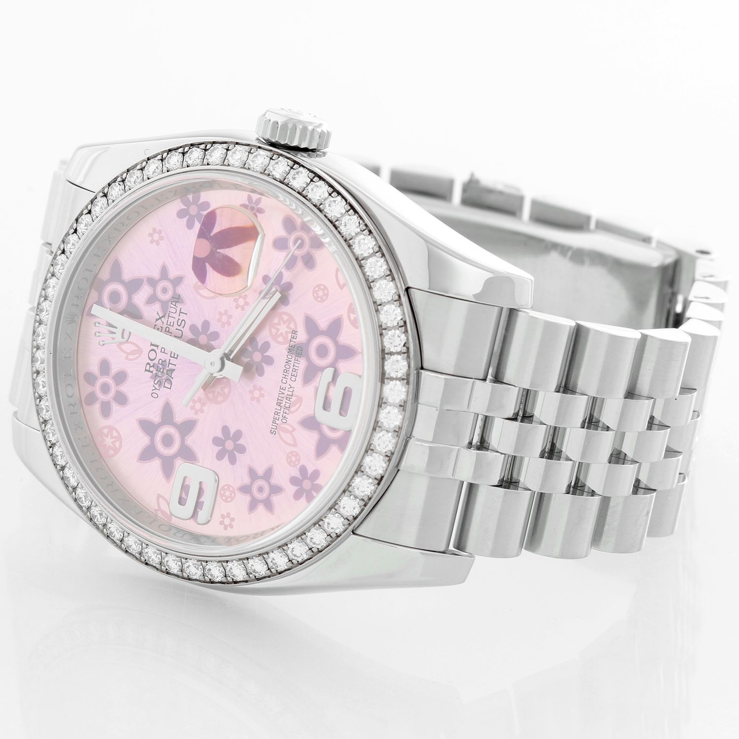 Rolex Datejust Diamond Bezel Pink Floral Dial Men's Steel Watch 116244