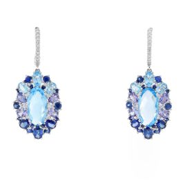 14K White gold Blue Topaz, Tanzanite, Sapphire & Diamond Earrings